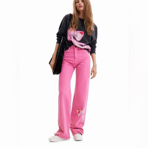 🔥DESIGUAL Wide-leg Pink Panther jeans sz 4 NEW - Picture 1 of 8
